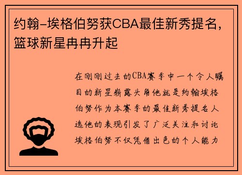 约翰-埃格伯努获CBA最佳新秀提名，篮球新星冉冉升起
