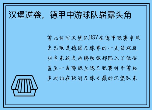 汉堡逆袭，德甲中游球队崭露头角